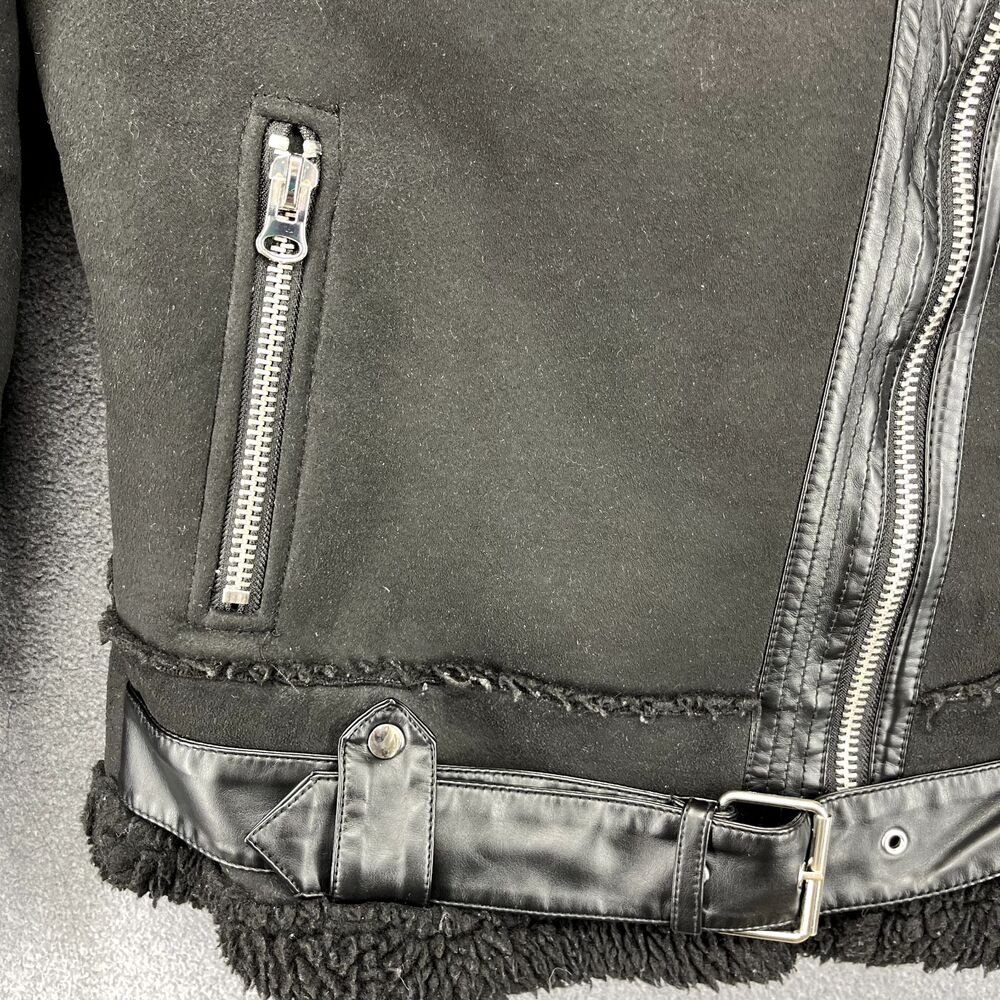 Zara Motorcycle Jacket Women XS Black Black Double Sided Strap Faux Suede Fleece - Picture 7 of 16